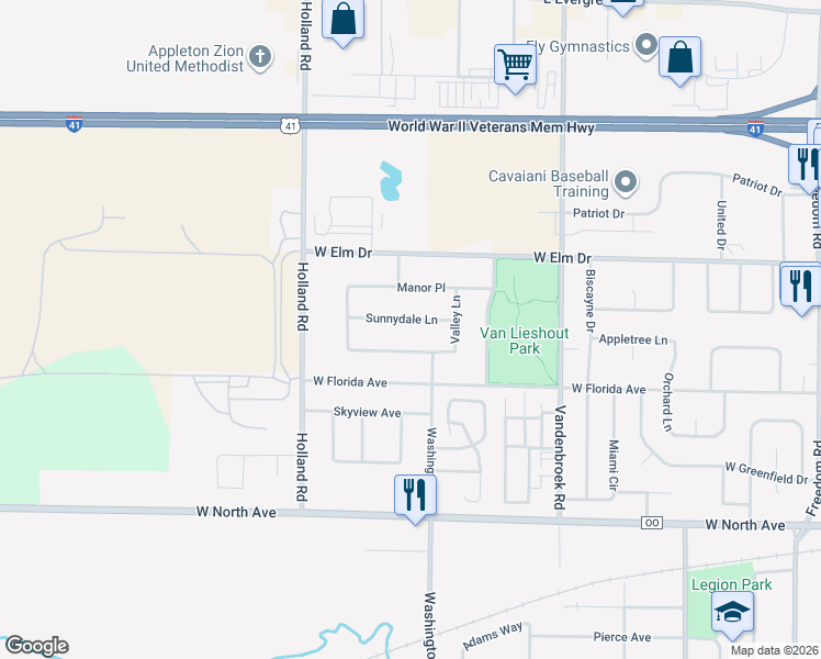 map of restaurants, bars, coffee shops, grocery stores, and more near 915 Sunnydale Ln in Little Chute