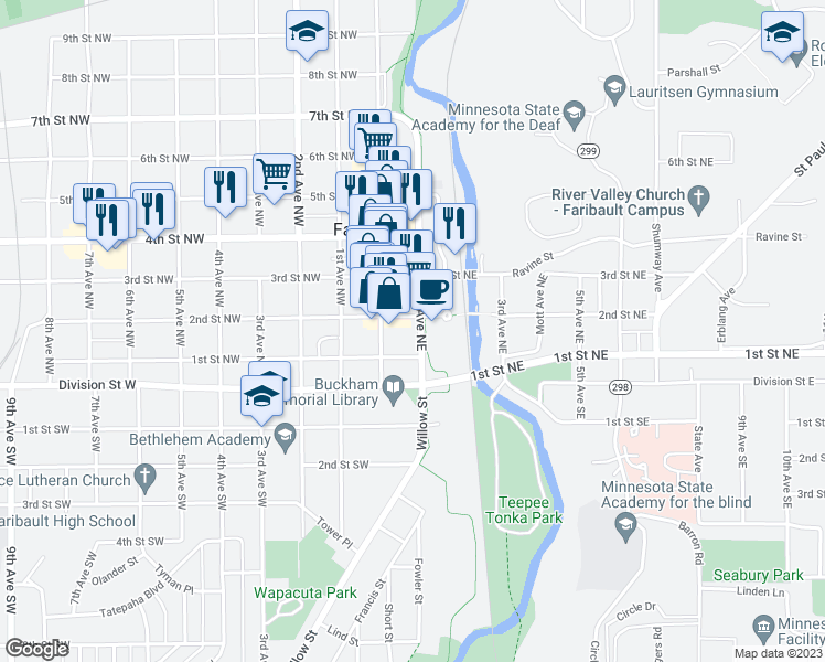 map of restaurants, bars, coffee shops, grocery stores, and more near 122 1st Avenue Southwest in Faribault