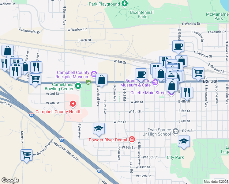 map of restaurants, bars, coffee shops, grocery stores, and more near 701 West 3rd Street in Gillette