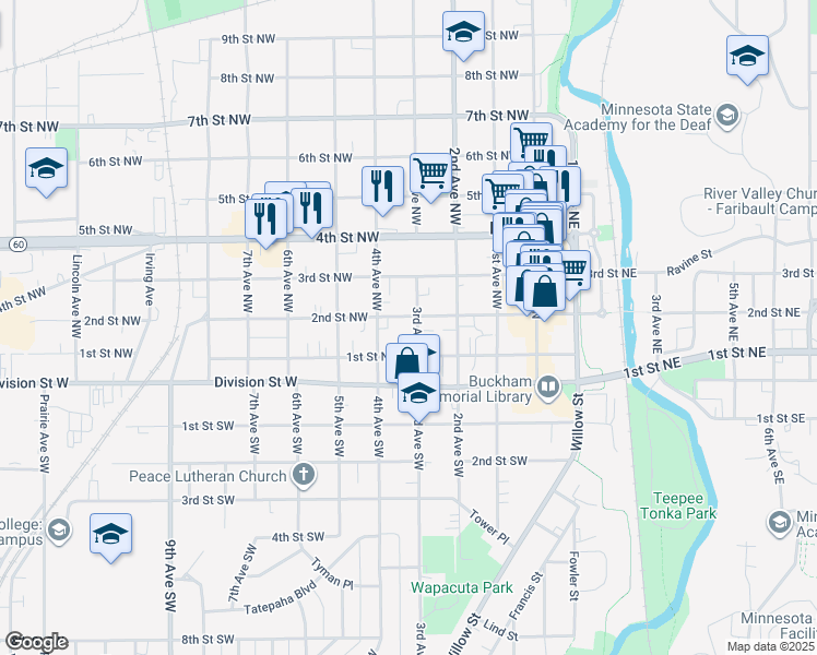 map of restaurants, bars, coffee shops, grocery stores, and more near 305 2nd Street Northwest in Faribault