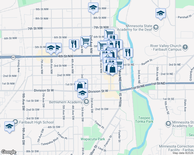 map of restaurants, bars, coffee shops, grocery stores, and more near 111 2nd Street Northwest in Faribault