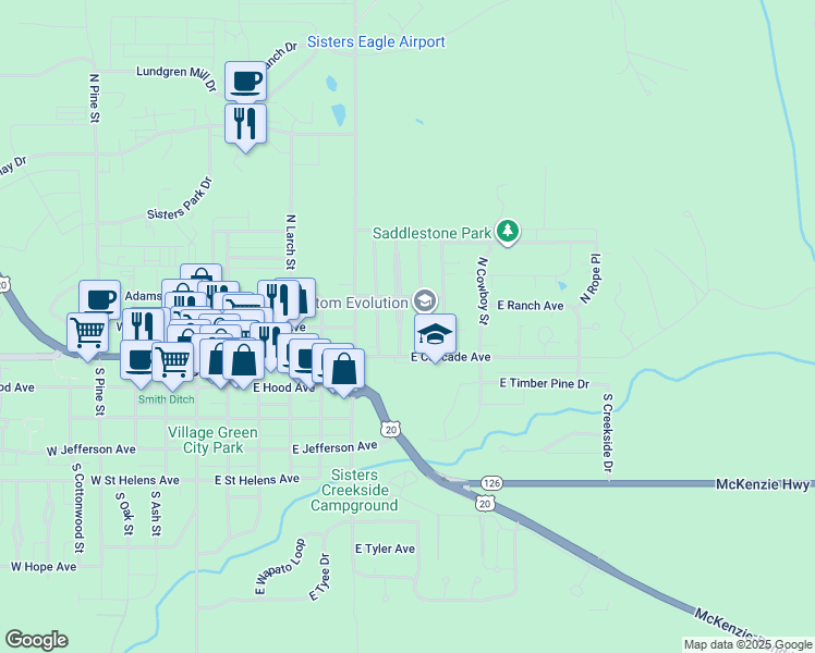 map of restaurants, bars, coffee shops, grocery stores, and more near 170 North Maple Street in Sisters