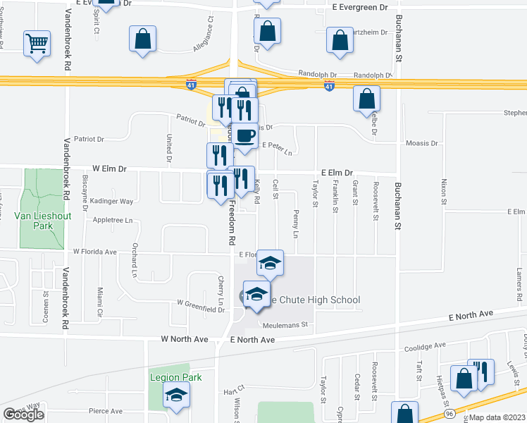 map of restaurants, bars, coffee shops, grocery stores, and more near 1800 Kelly Rd in Little Chute