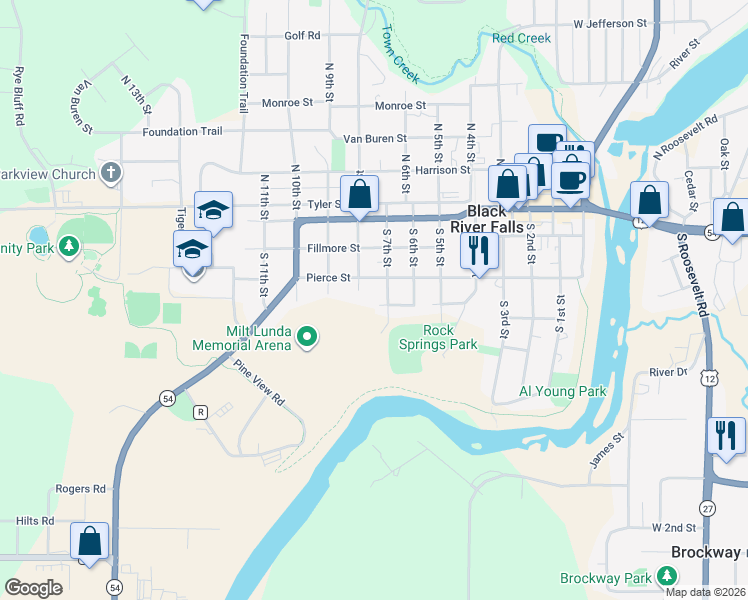 map of restaurants, bars, coffee shops, grocery stores, and more near 711 Buchanan Street in Black River Falls