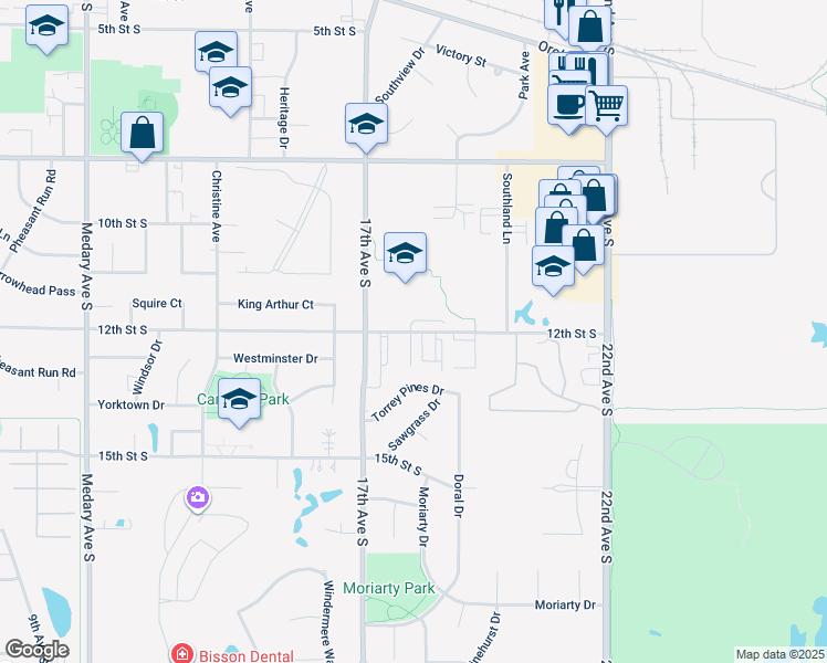 map of restaurants, bars, coffee shops, grocery stores, and more near 1801 12th Street South in Brookings