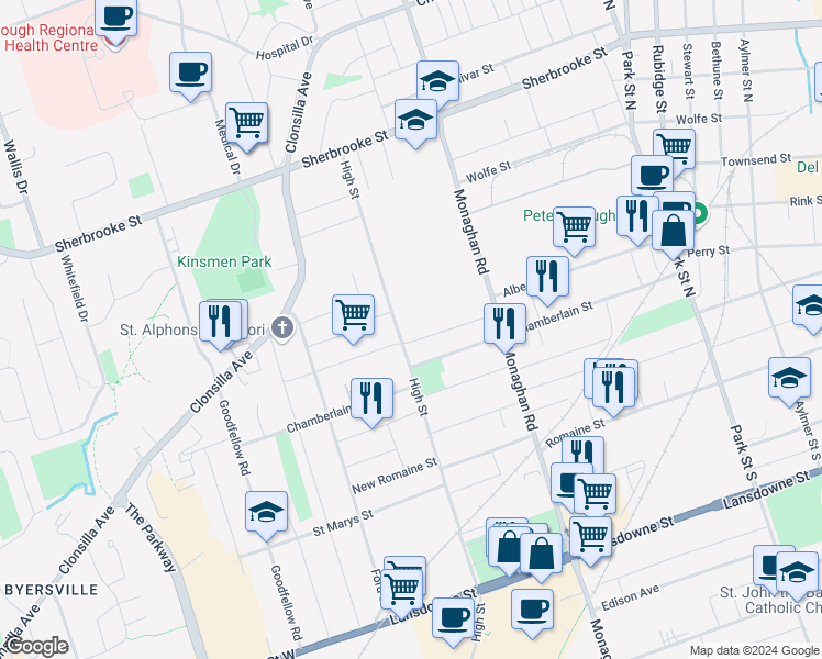 map of restaurants, bars, coffee shops, grocery stores, and more near 684 Frank Street in Peterborough