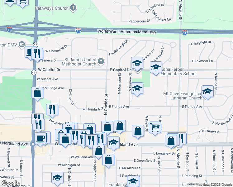 map of restaurants, bars, coffee shops, grocery stores, and more near 3133 North Morrison Street in Appleton