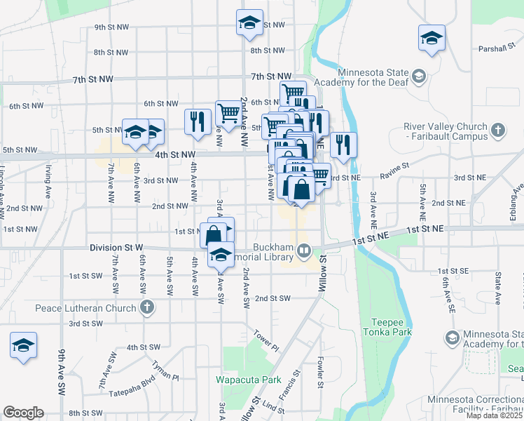 map of restaurants, bars, coffee shops, grocery stores, and more near 111 2nd Street Northwest in Faribault