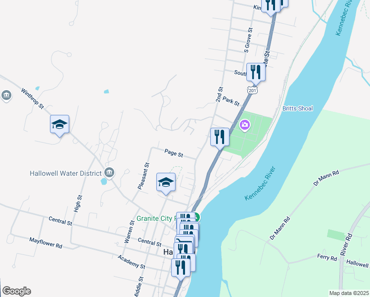 map of restaurants, bars, coffee shops, grocery stores, and more near 9 Page Street in Hallowell