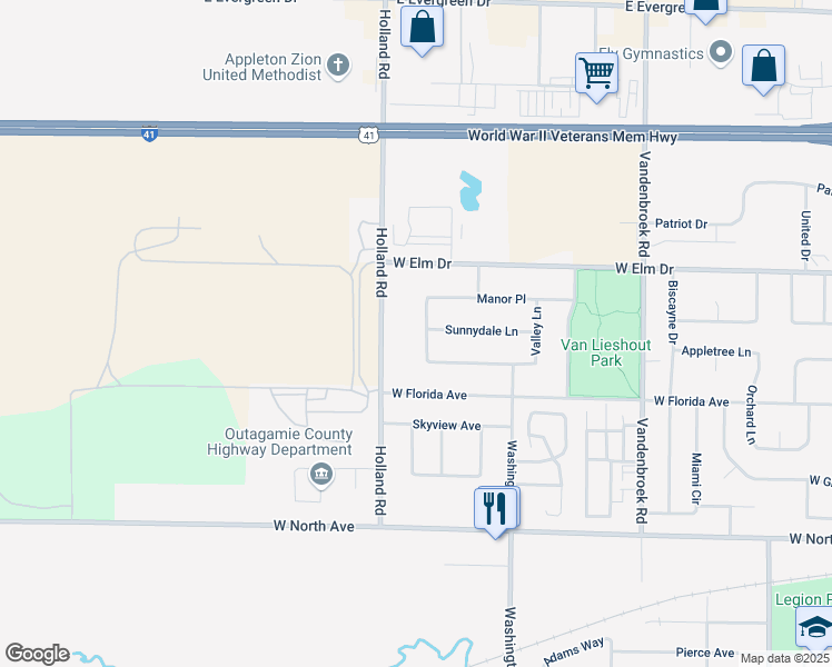 map of restaurants, bars, coffee shops, grocery stores, and more near 1715 Meadow View Lane in Little Chute