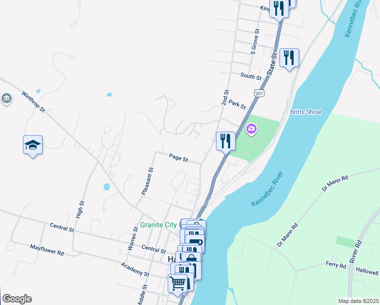 map of restaurants, bars, coffee shops, grocery stores, and more near 9 Page Street in Hallowell