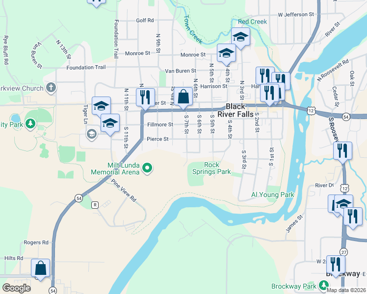 map of restaurants, bars, coffee shops, grocery stores, and more near 711 Buchanan Street in Black River Falls