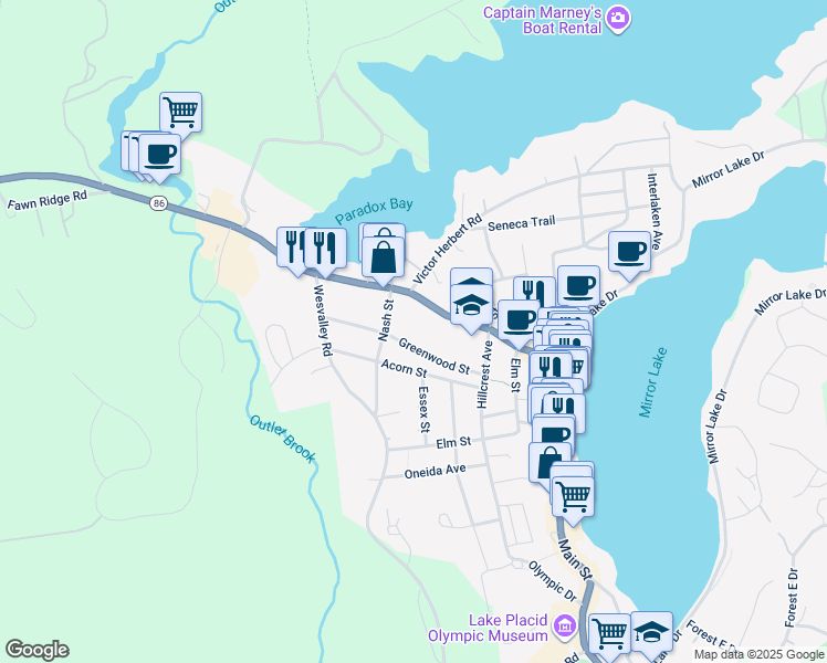 map of restaurants, bars, coffee shops, grocery stores, and more near 89 Greenwood Street in Lake Placid