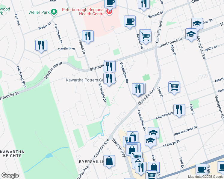 map of restaurants, bars, coffee shops, grocery stores, and more near 1001 Talwood Drive in Peterborough