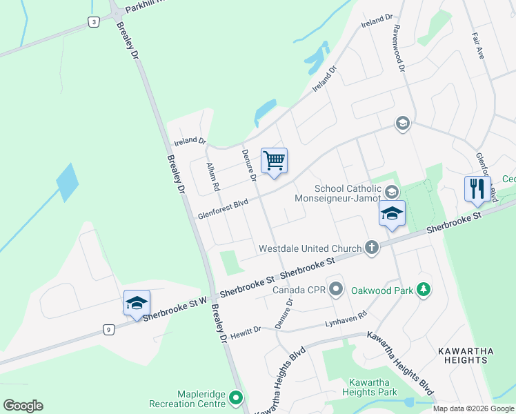 map of restaurants, bars, coffee shops, grocery stores, and more near 2503 Denure Drive in Peterborough