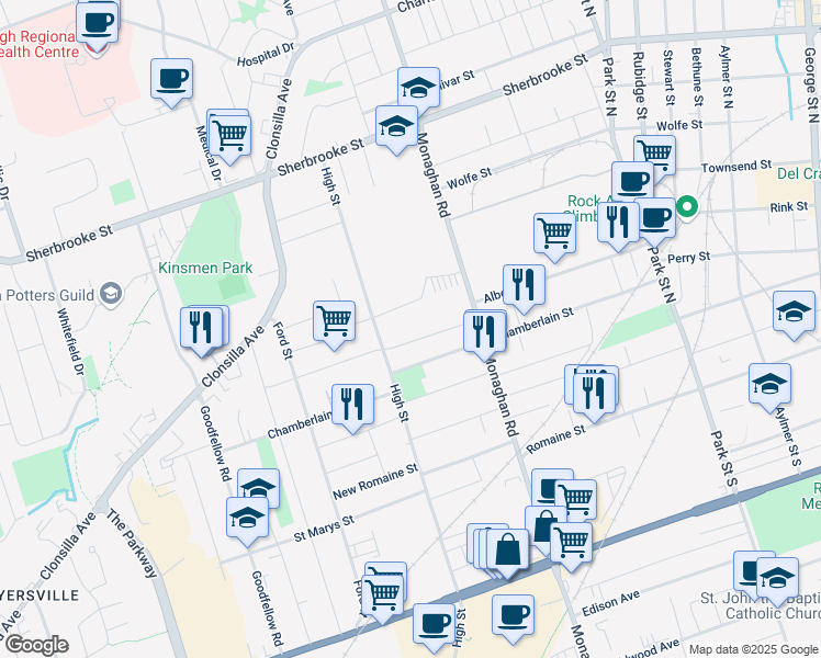 map of restaurants, bars, coffee shops, grocery stores, and more near 684 Frank Street in Peterborough