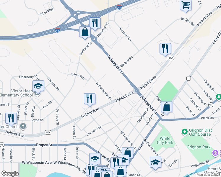 map of restaurants, bars, coffee shops, grocery stores, and more near 914 Denise Court in Kaukauna