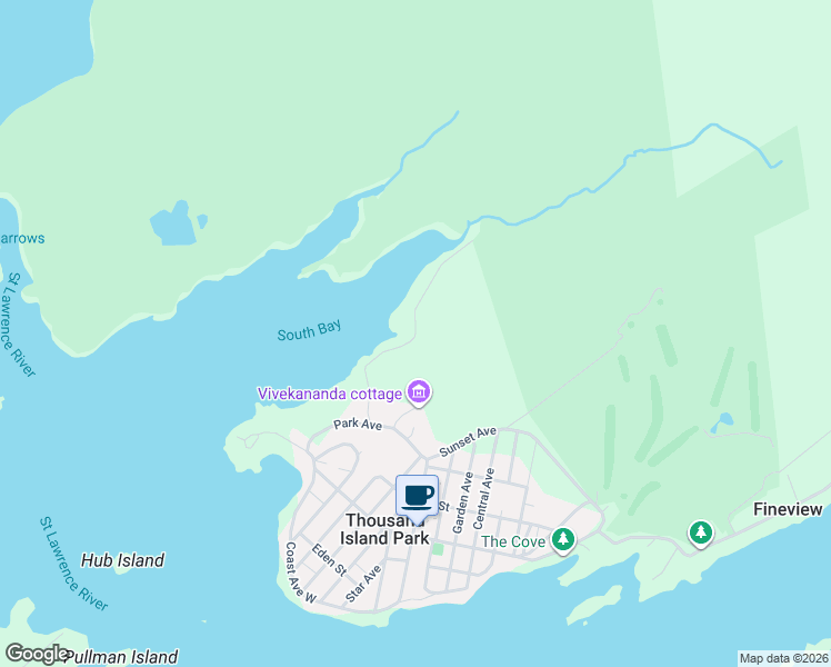 map of restaurants, bars, coffee shops, grocery stores, and more near Bay Shore Road in Thousand Island Park