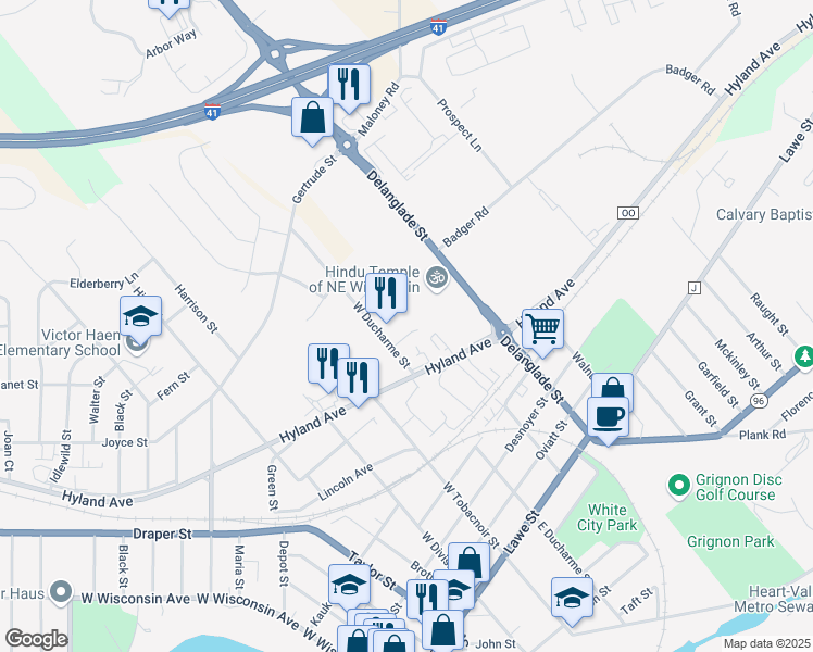 map of restaurants, bars, coffee shops, grocery stores, and more near 916 Denise Court in Kaukauna