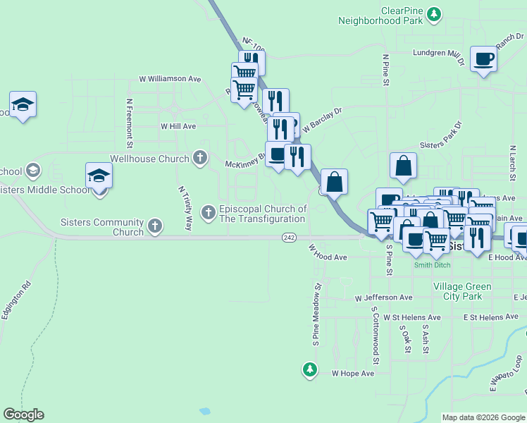 map of restaurants, bars, coffee shops, grocery stores, and more near 15510 Old McKenzie Highway in Sisters