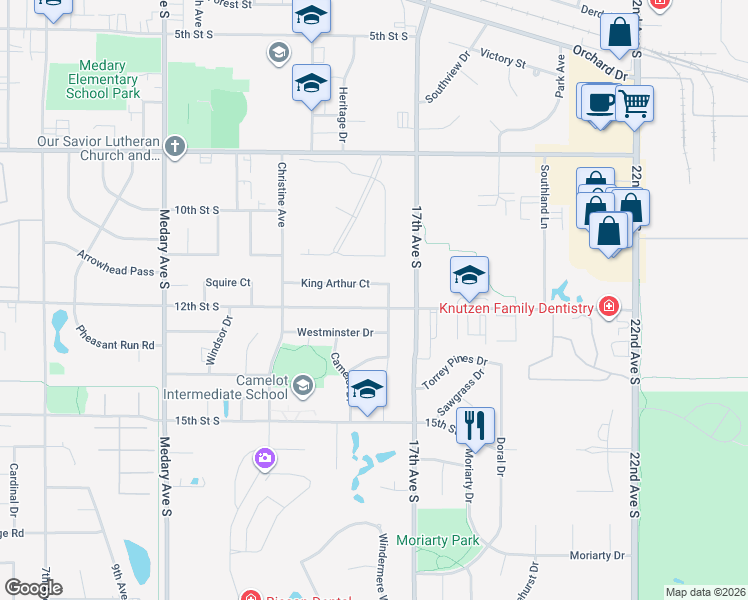 map of restaurants, bars, coffee shops, grocery stores, and more near 1508 12th Street South in Brookings