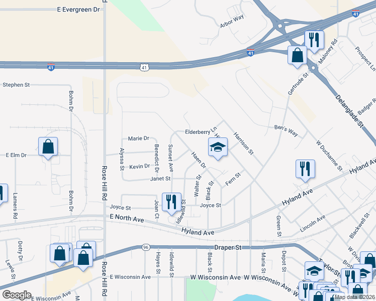map of restaurants, bars, coffee shops, grocery stores, and more near 634 Bowers Lane in Kaukauna