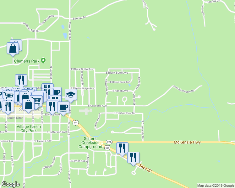 map of restaurants, bars, coffee shops, grocery stores, and more near 973 East Ranch Avenue in Sisters