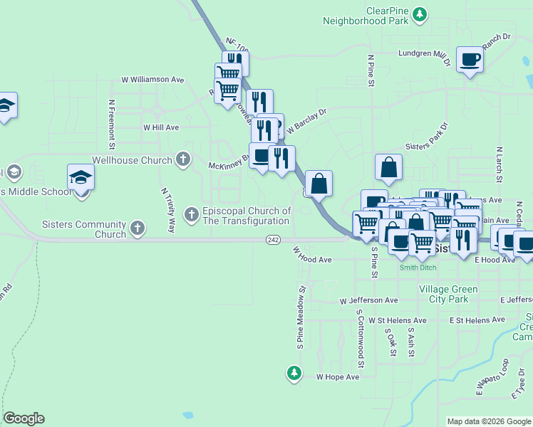 map of restaurants, bars, coffee shops, grocery stores, and more near Old McKenzie Hwy in Sisters