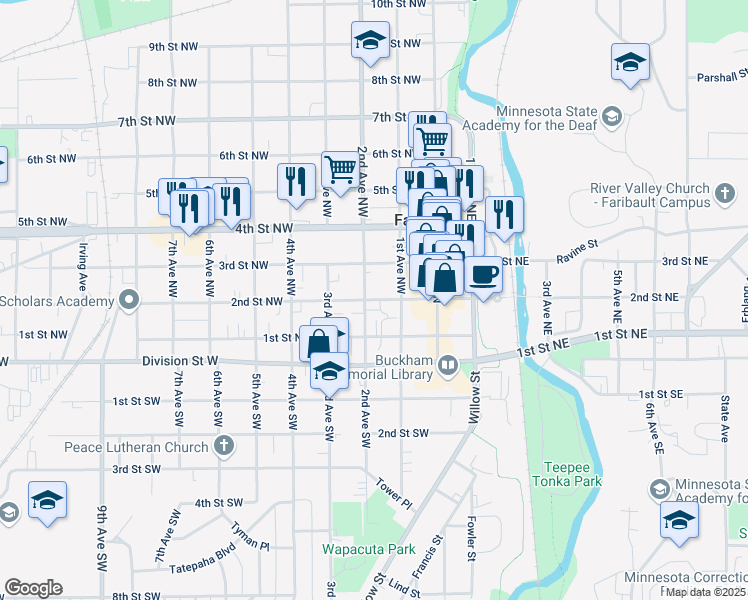 map of restaurants, bars, coffee shops, grocery stores, and more near 123 2nd Street Northwest in Faribault