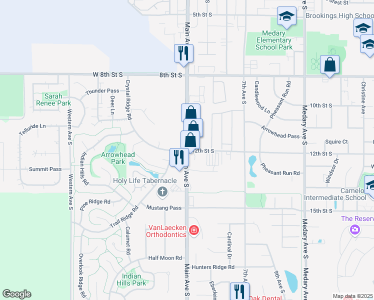 map of restaurants, bars, coffee shops, grocery stores, and more near 420 12th Street South in Brookings