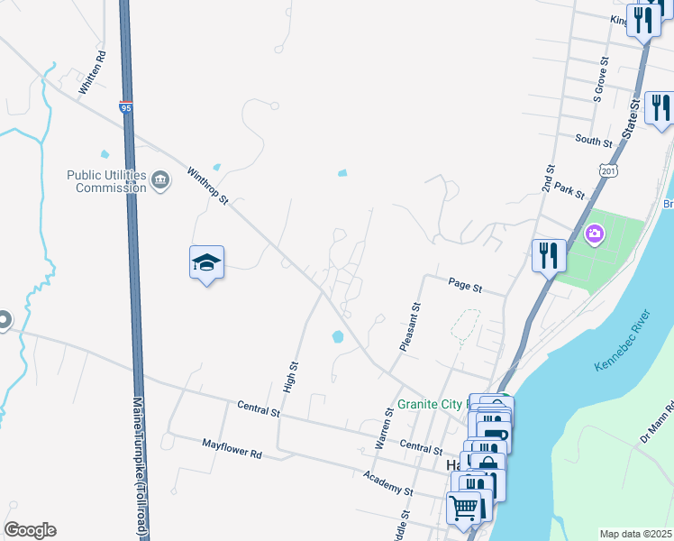 map of restaurants, bars, coffee shops, grocery stores, and more near 1 Stevens Street in Hallowell