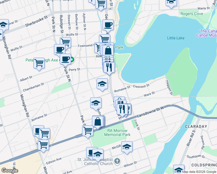 map of restaurants, bars, coffee shops, grocery stores, and more near 387 George Street South in Peterborough