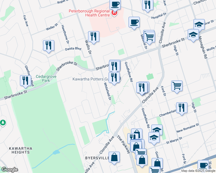 map of restaurants, bars, coffee shops, grocery stores, and more near 1200 Talwood Drive in Peterborough