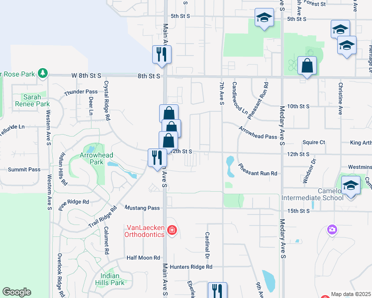 map of restaurants, bars, coffee shops, grocery stores, and more near 521 12th Street South in Brookings