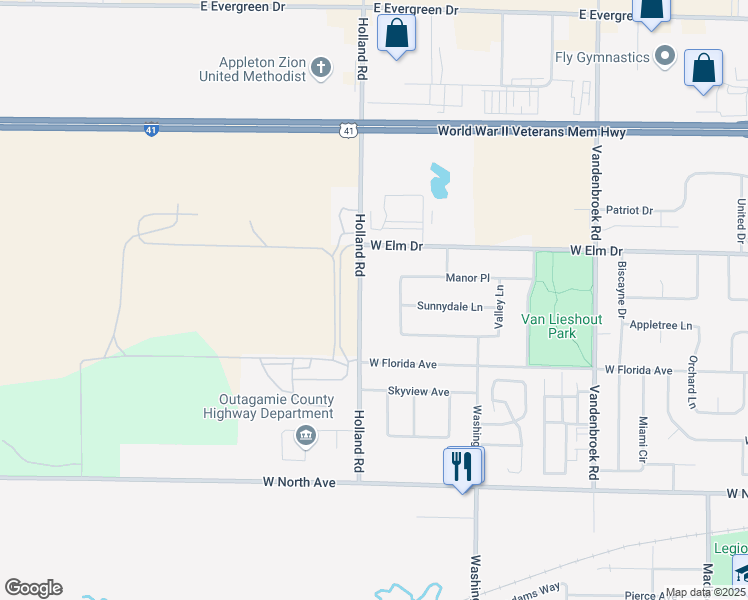 map of restaurants, bars, coffee shops, grocery stores, and more near 1715 Meadow View Lane in Little Chute