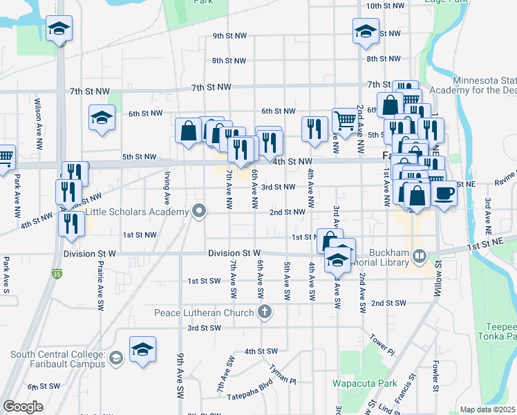 map of restaurants, bars, coffee shops, grocery stores, and more near 538 2nd Street Northwest in Faribault