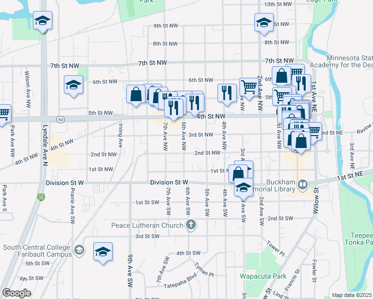 map of restaurants, bars, coffee shops, grocery stores, and more near 527 2nd Street Northwest in Faribault