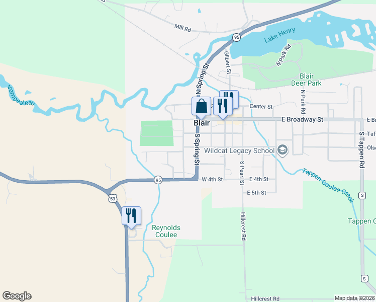 map of restaurants, bars, coffee shops, grocery stores, and more near 335 South Peterson Avenue in Blair