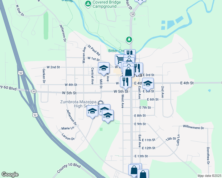 map of restaurants, bars, coffee shops, grocery stores, and more near 245 West 5th Street in Zumbrota