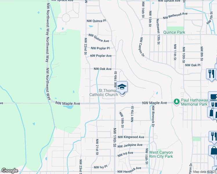 map of restaurants, bars, coffee shops, grocery stores, and more near 1922 Northwest Wildflower Place in Redmond