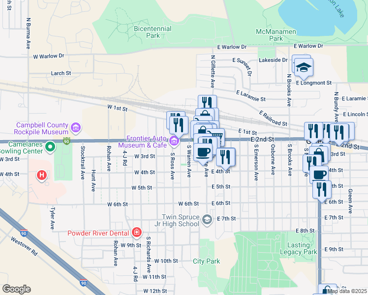 map of restaurants, bars, coffee shops, grocery stores, and more near 300 South Warren Avenue in Gillette