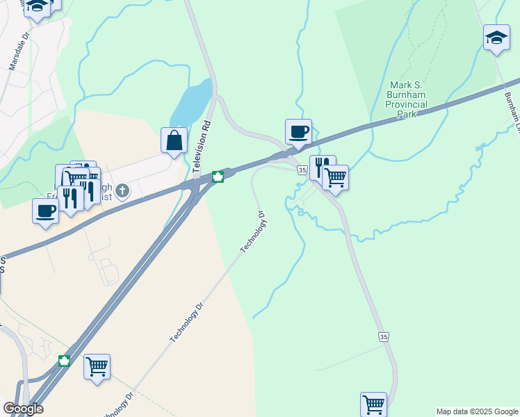 map of restaurants, bars, coffee shops, grocery stores, and more near 1182 Technology Drive in Peterborough