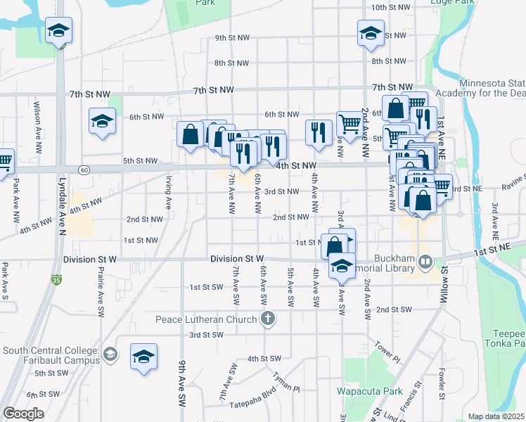 map of restaurants, bars, coffee shops, grocery stores, and more near 527 2nd Street Northwest in Faribault