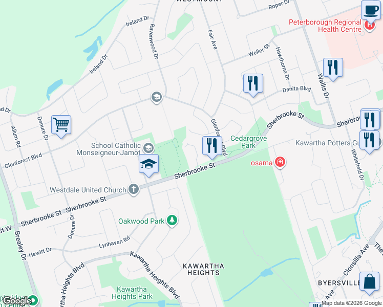 map of restaurants, bars, coffee shops, grocery stores, and more near 1434 Sherbrooke Street in Peterborough