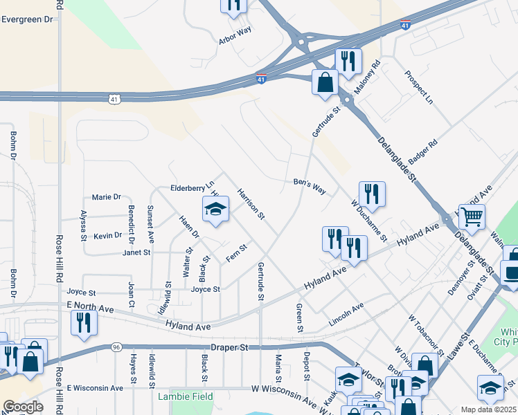 map of restaurants, bars, coffee shops, grocery stores, and more near 1126 Harrison Street in Kaukauna