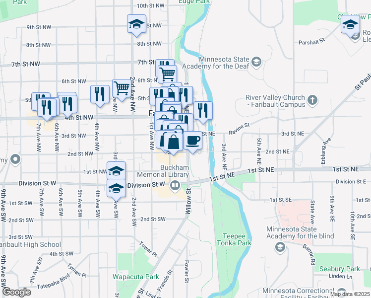 map of restaurants, bars, coffee shops, grocery stores, and more near 32 2nd Street Northeast in Faribault