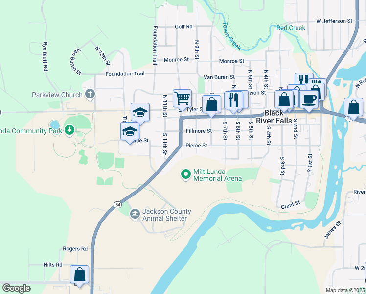 map of restaurants, bars, coffee shops, grocery stores, and more near 920 Fillmore Street in Black River Falls