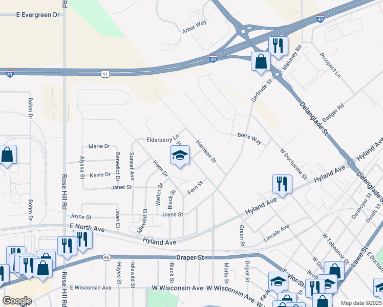 map of restaurants, bars, coffee shops, grocery stores, and more near 1160 High Street in Kaukauna