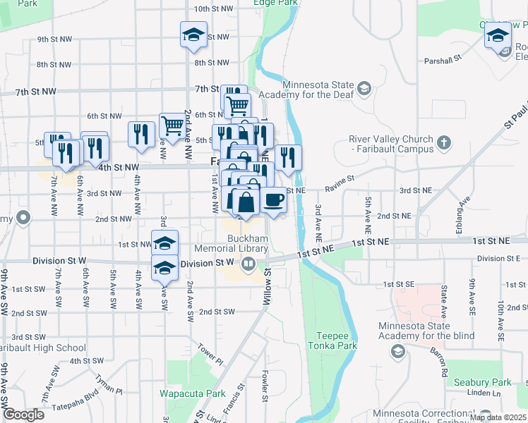 map of restaurants, bars, coffee shops, grocery stores, and more near 32 2nd Street Northeast in Faribault