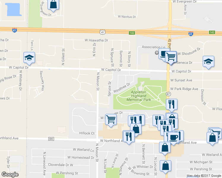 map of restaurants, bars, coffee shops, grocery stores, and more near 3200 Spruce Street in Appleton